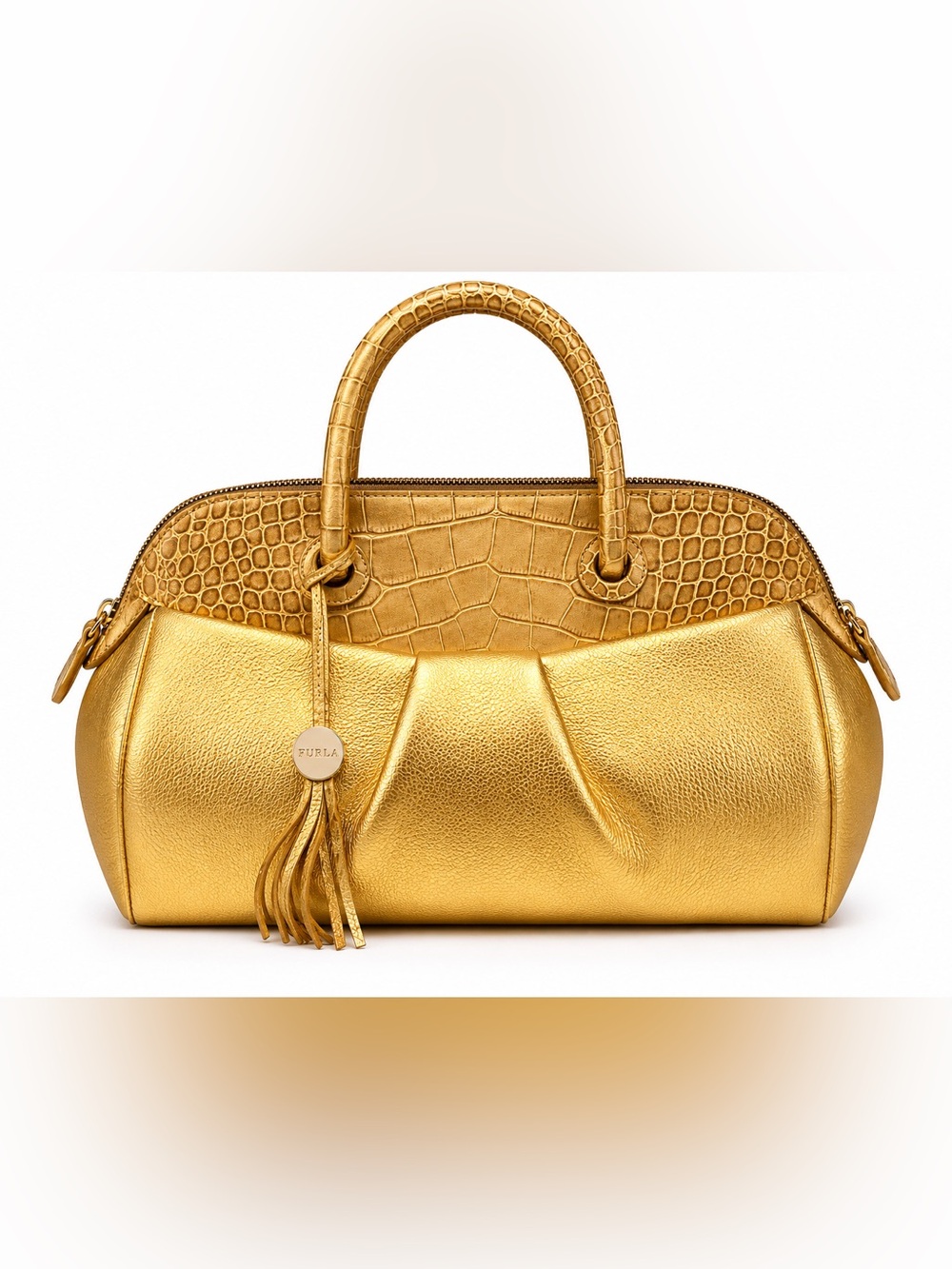 Furla Gold Metallic Beige Croc Trim Dome Satchel